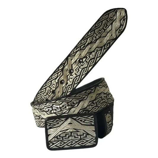 A traditional Mexican 'charro' style belt with silver thread embroidery on a black background, featuring a metallic buckle.