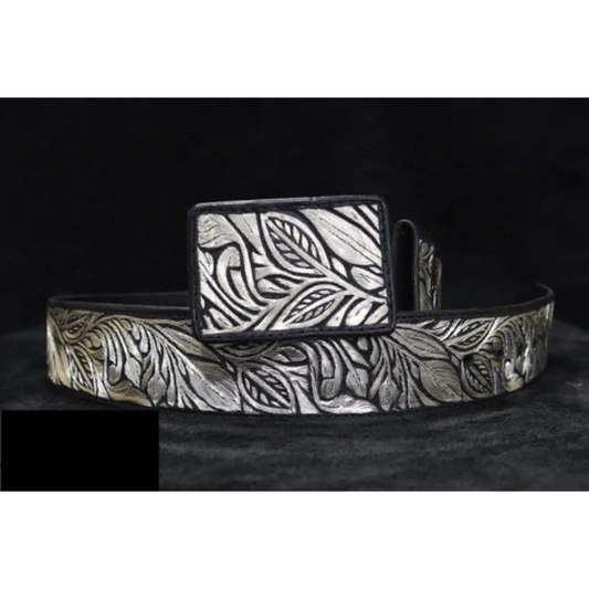 A traditional Mexican 'charro' style belt with silver thread embroidery on a black background, featuring a metallic buckle.