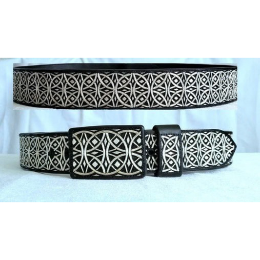 Two belts with silver thread embroidery on black leather, displayed against a white background. One belt has a buckle, and the other is shown from a side view.
