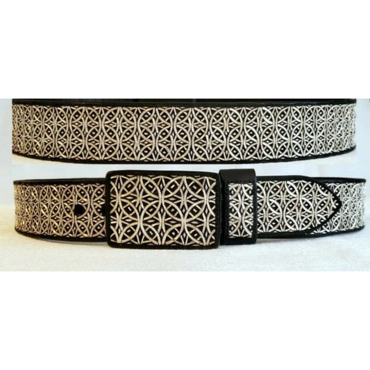 A traditional Mexican charro belt with silver thread embroidery on black leather, featuring a metallic buckle.