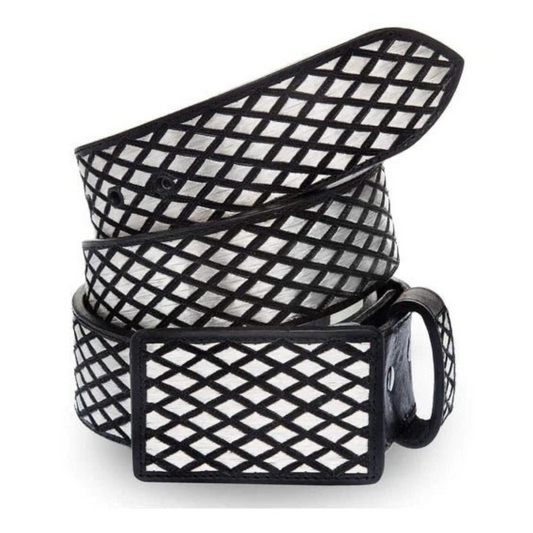 A black belt with a diamond pattern and silver thread detailing, alongside a metallic silver buckle.