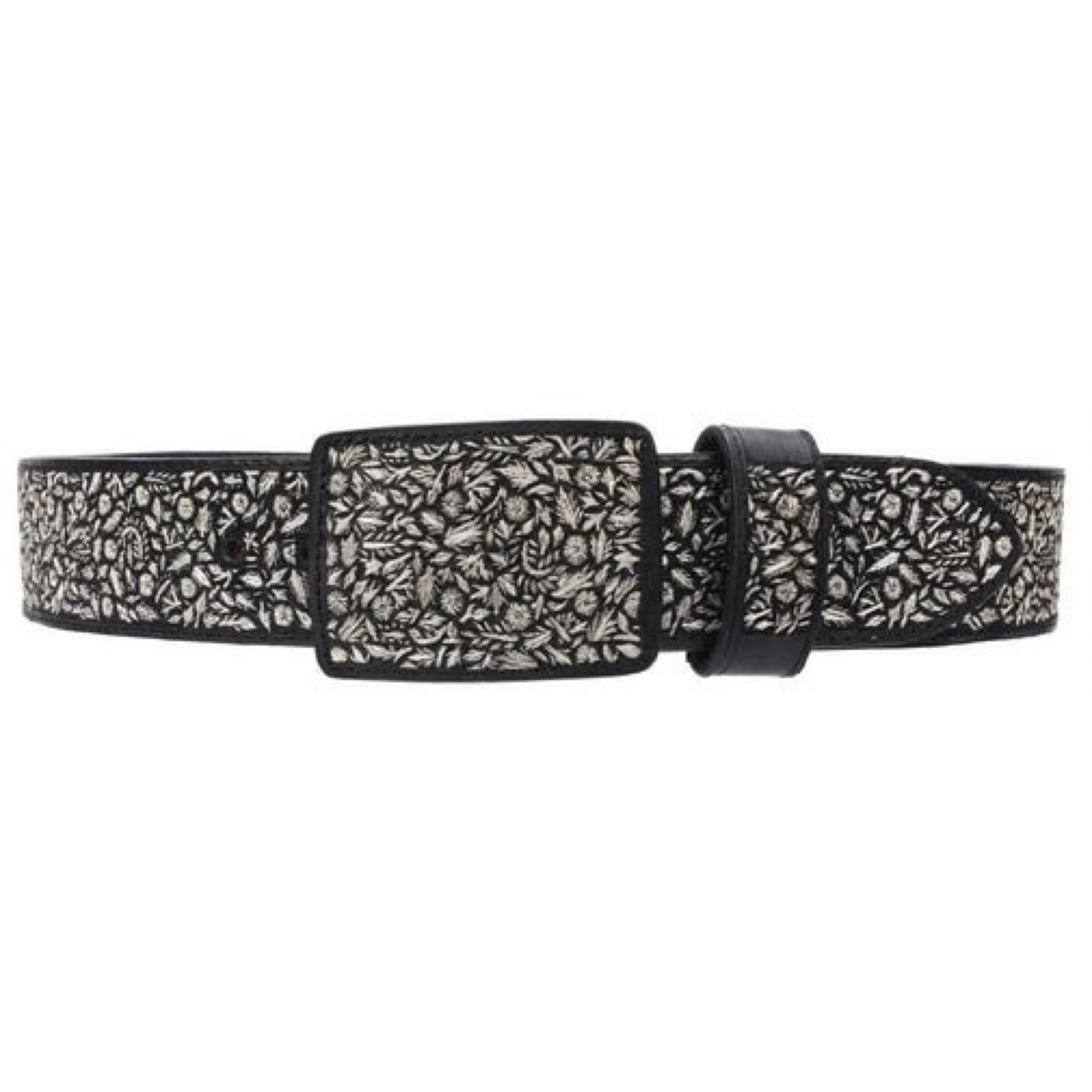 A traditional Mexican 'charro' style belt with silver thread embroidery on a black leather strap, featuring a metallic buckle.