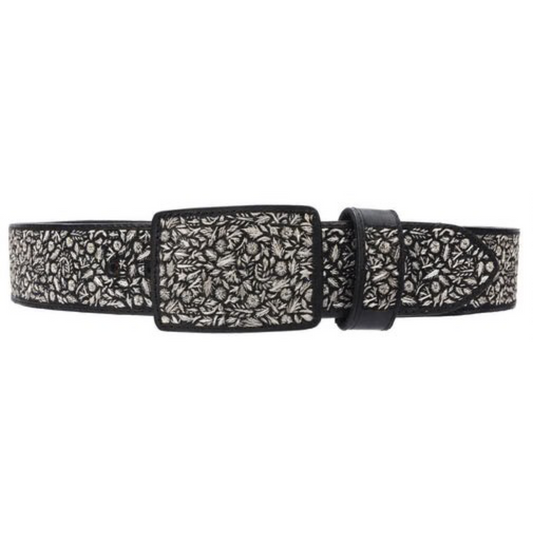 A traditional Mexican 'charro' style belt with silver thread embroidery on a black leather strap, featuring a metallic buckle.
