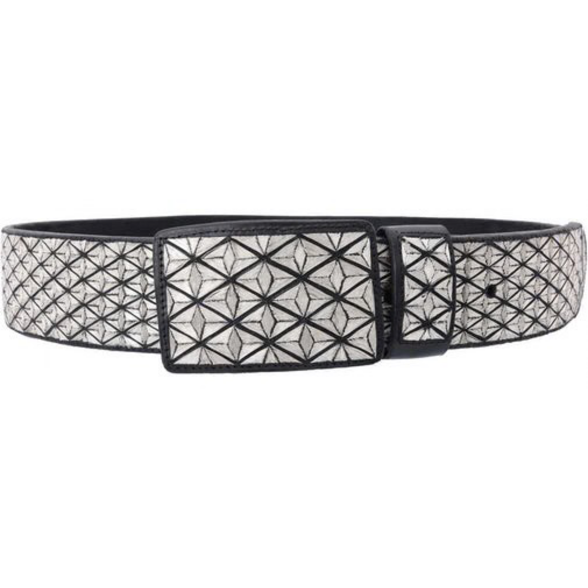 A traditional Mexican charro belt with a geometric silver thread pattern on black leather, featuring a metallic buckle.
