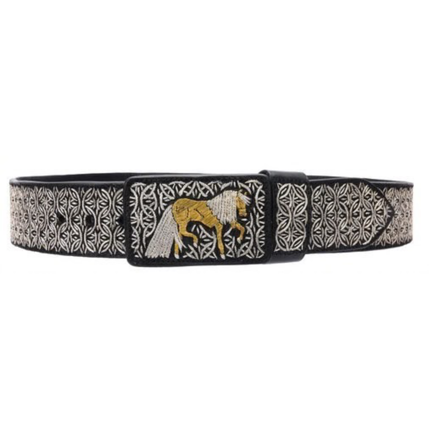 A traditional Mexican 'charro' style belt with silver thread embroidery and a metallic buckle.