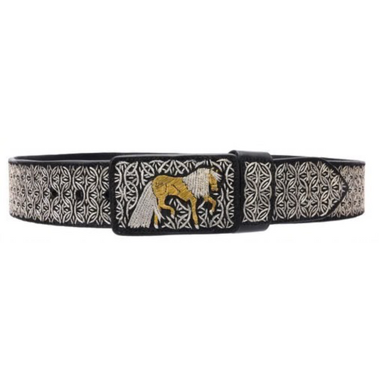 A traditional Mexican 'charro' style belt with silver thread embroidery and a metallic buckle.