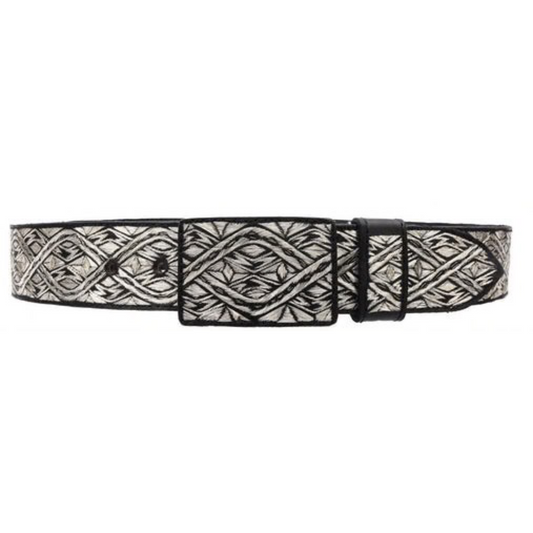 A traditional Mexican 'charro' style belt with silver thread embroidery on a black background with a metallic buckle.