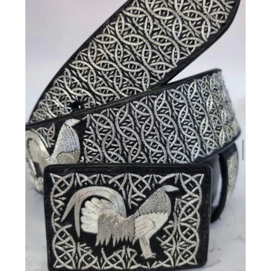Cinto con Hilo de Plata Negro con Gallo – Estilo Vaquero Artesanal