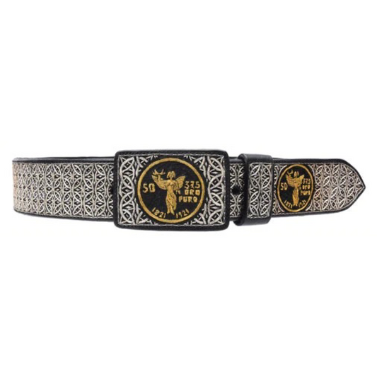 A traditional Mexican charro belt with silver thread embroidery and a metallic buckle, featuring a Charro symbol.