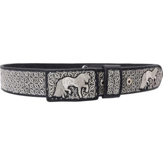 A traditional Mexican charro belt with silver thread embroidery and a metallic buckle.