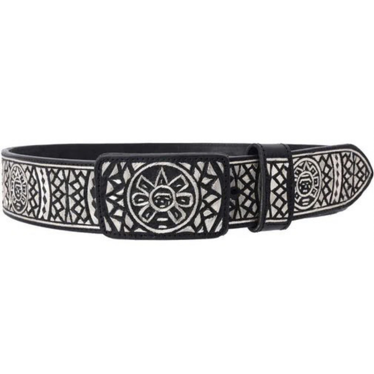 A black leather belt with fine silver thread embroidery in geometric patterns and a central metallic buckle.