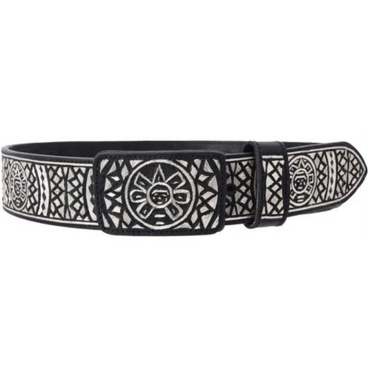 A black leather belt with fine silver thread embroidery in geometric patterns and a central metallic buckle.