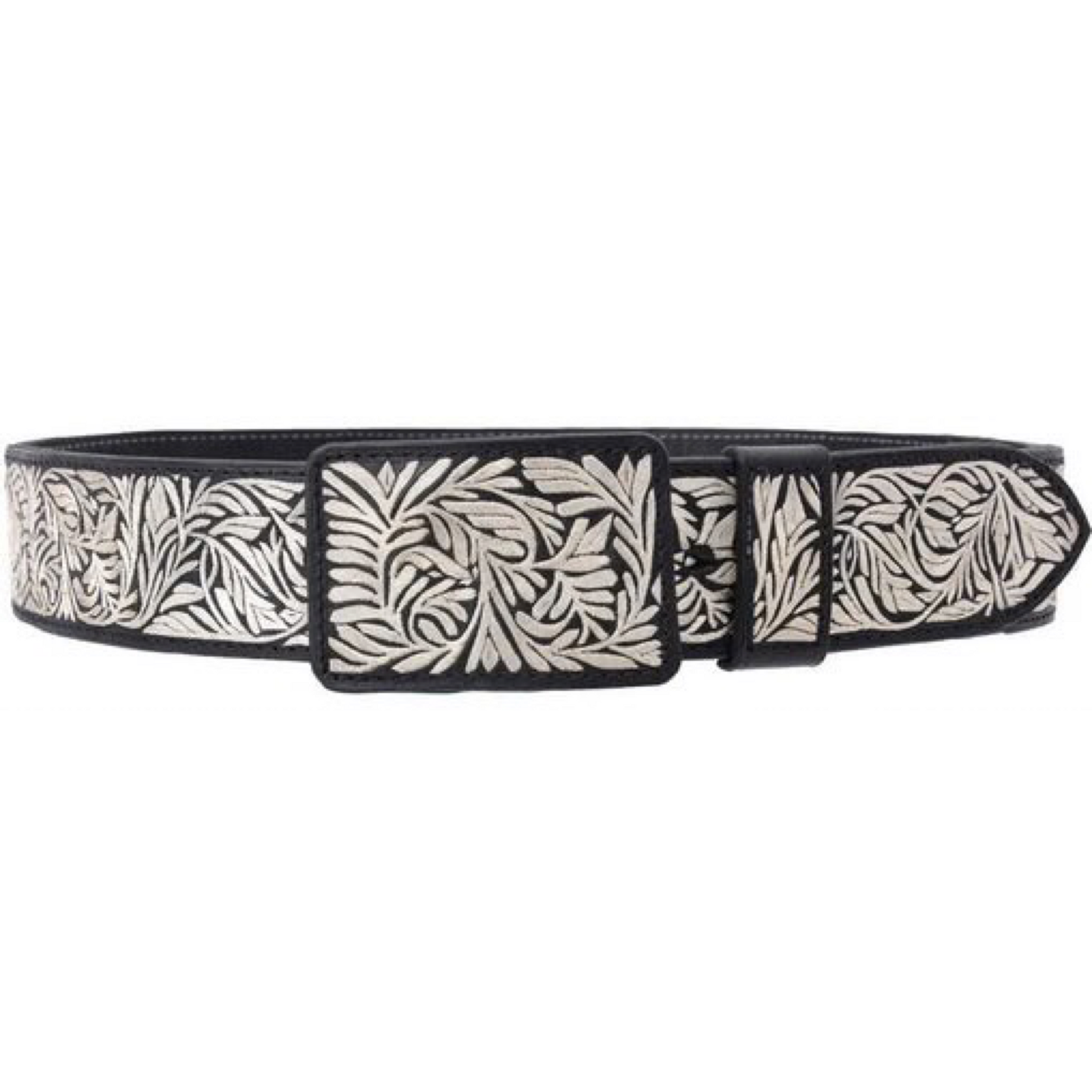 A traditional Mexican charro belt with silver thread embroidery on black leather, featuring a metallic buckle.