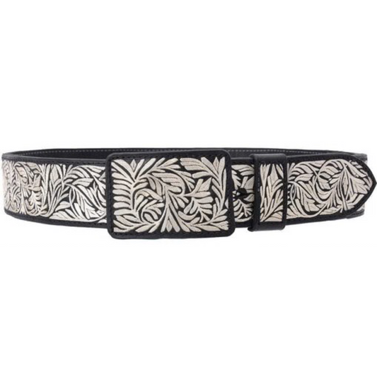 A traditional Mexican charro belt with silver thread embroidery on black leather, featuring a metallic buckle.
