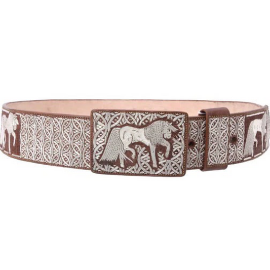 A traditional Mexican 'charro' style belt with silver thread embroidery and a metallic buckle, featuring a brown and white color scheme.