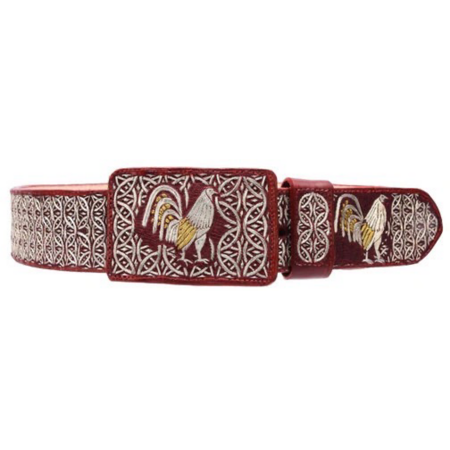 A traditional Mexican 'charro' style belt with silver thread embroidery on a red background, featuring a metallic buckle.