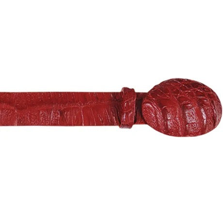Red textured curtain rod with decorative finial on a white background