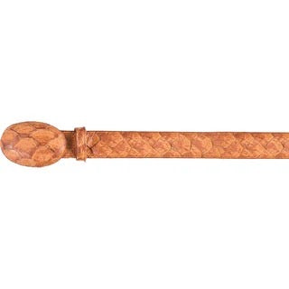 Wooden belt with a decorative buckle on a white background