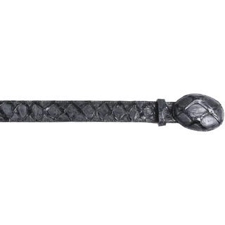 Black leather belt with a textured buckle on a white background