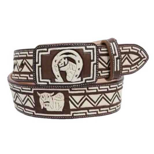 A traditional Mexican charro belt with a geometric pattern and repoussé designs, featuring a large decorative buckle.