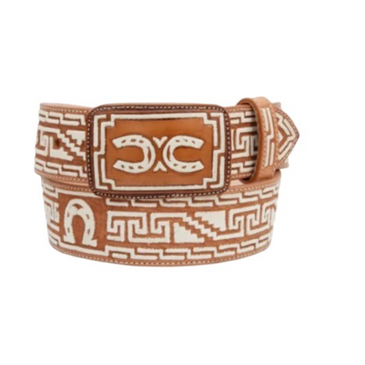 A traditional Mexican charro belt with a tan and white pattern and a decorative buckle.