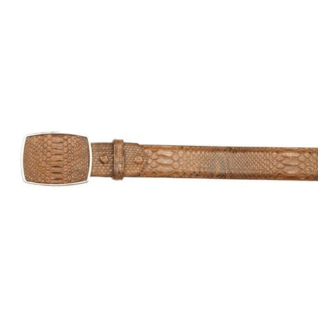 Brown belt with textured buckle on a white background