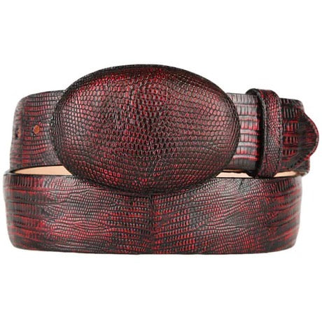 Red and black patterned belt with a large oval buckle on a white background