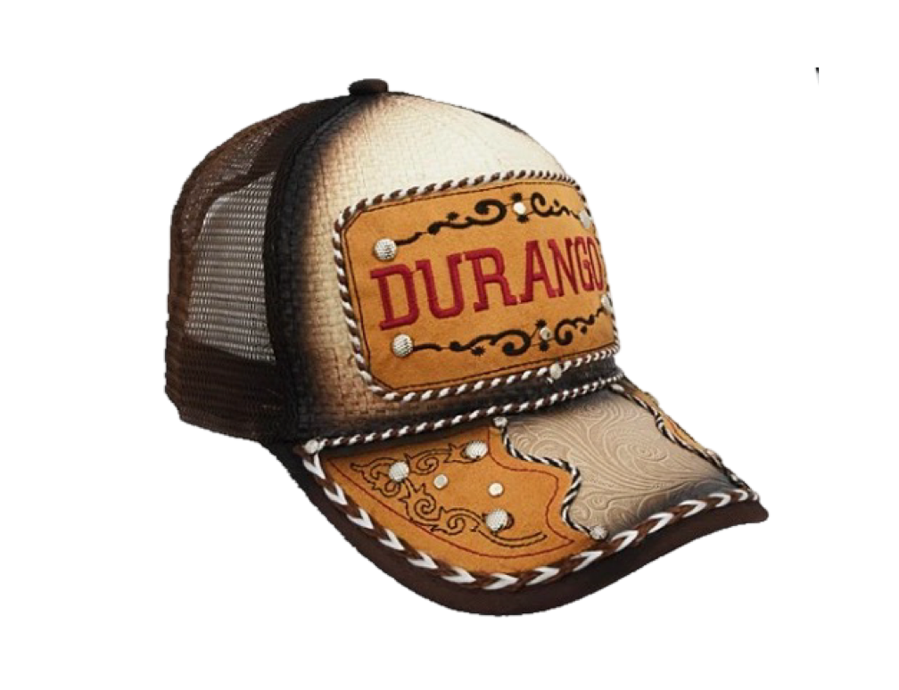 A western style trucker cap with a curved visor, embroidered front panel, and breathable mesh back. It features a snapback closure and is primarily brown with 'DURANGO' text on the front.