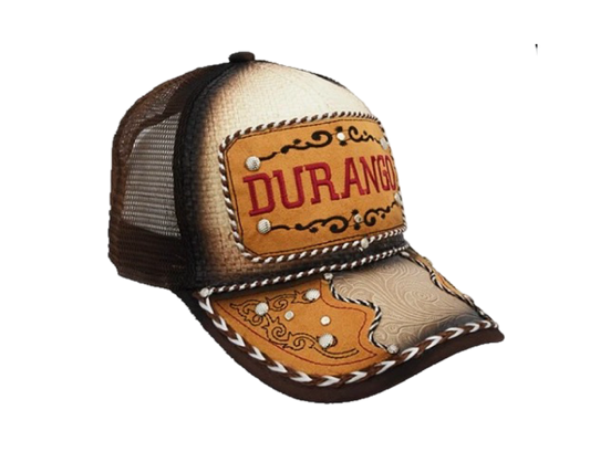 A western style trucker cap with a curved visor, embroidered front panel, and breathable mesh back. It features a snapback closure and is primarily brown with 'DURANGO' text on the front.