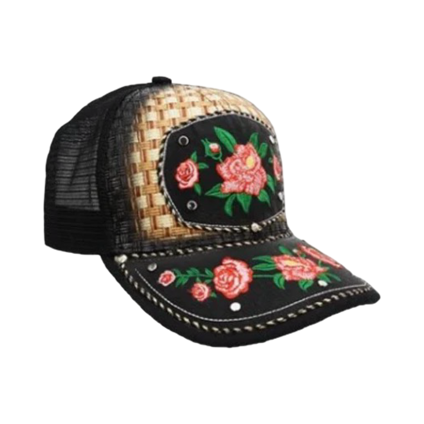 A black trucker cap with a curved visor featuring floral embroidery in pink and green, with a snapback closure.