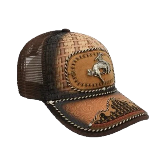 A brown and black trucker cap with western-style embroidery and a snapback closure.