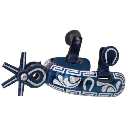 A traditional charro spur with a white diamond pattern and blue details, made from stainless steel.