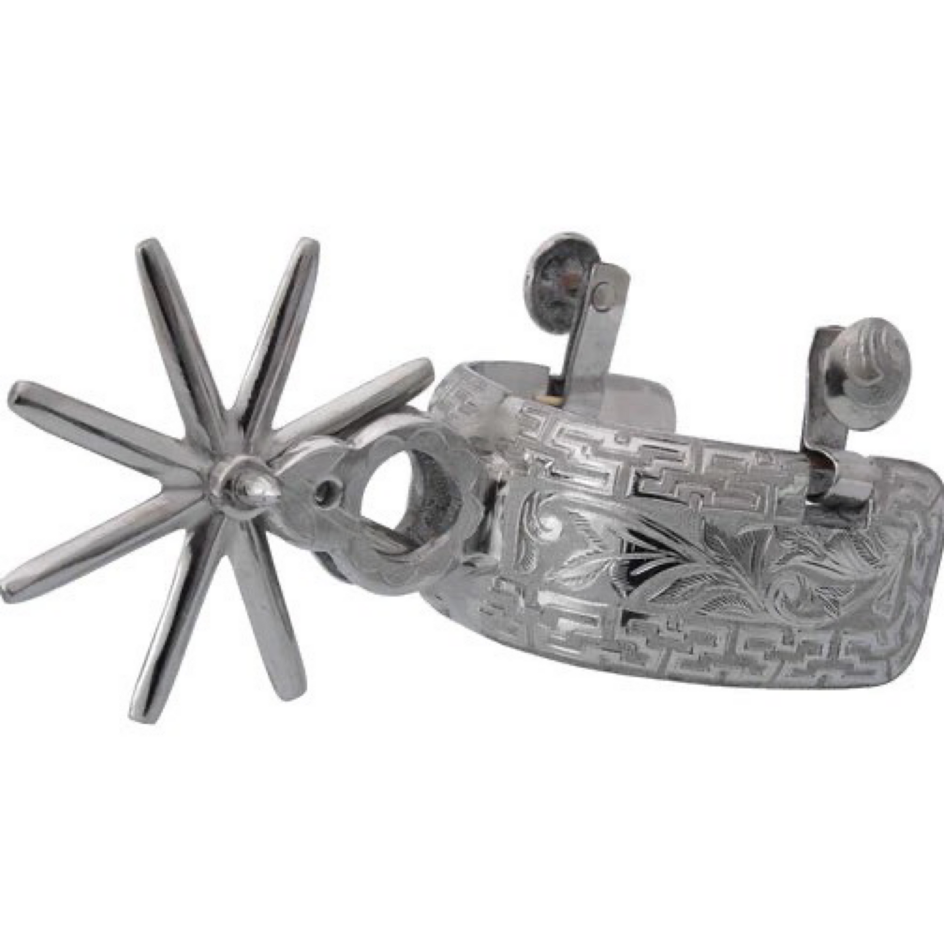 A traditional charro spur with a silver finish, featuring hand-engraved details and a rotating disc.