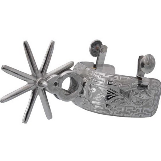 A traditional charro spur with a silver finish, featuring hand-engraved details and a rotating disc.
