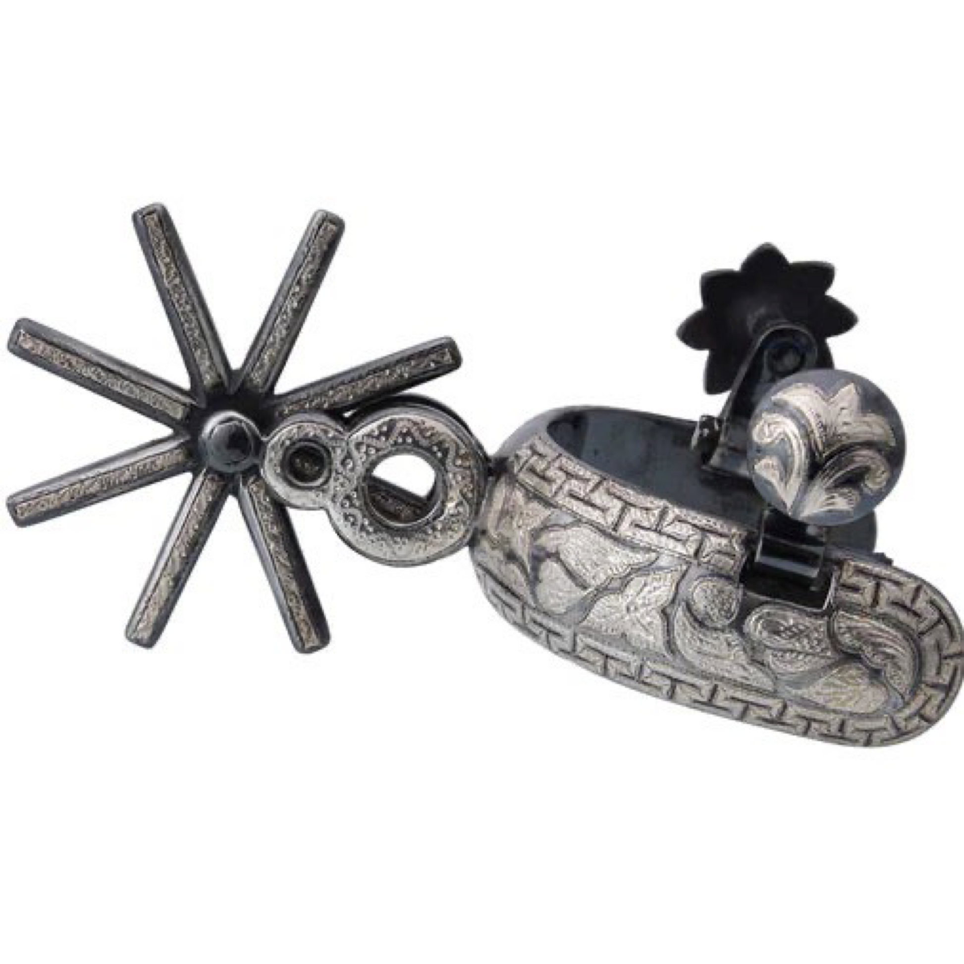 A traditional charro spur with a silver finish and hand-engraved details, featuring a rotating wheel and leather strap.