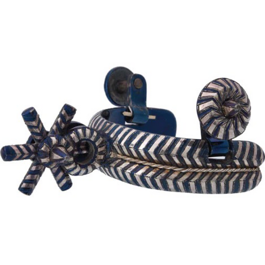 A pair of traditional charro spurs with a white diamond pattern and blue pavo (peacock) finish, featuring adjustable straps and handcrafted details.