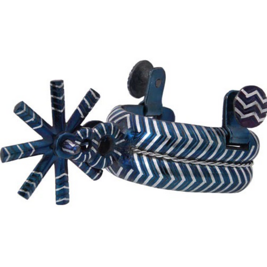 A traditional Mexican charro spur with a white diamond pattern and blue patina, featuring hand-engraved details and multiple-tipped roda.