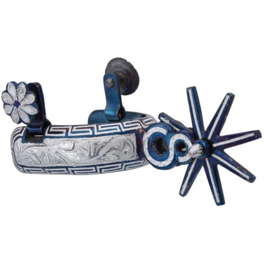A traditional charro spur with a white diamond pattern and blue enameled details, featuring a rotating disc with multiple points.