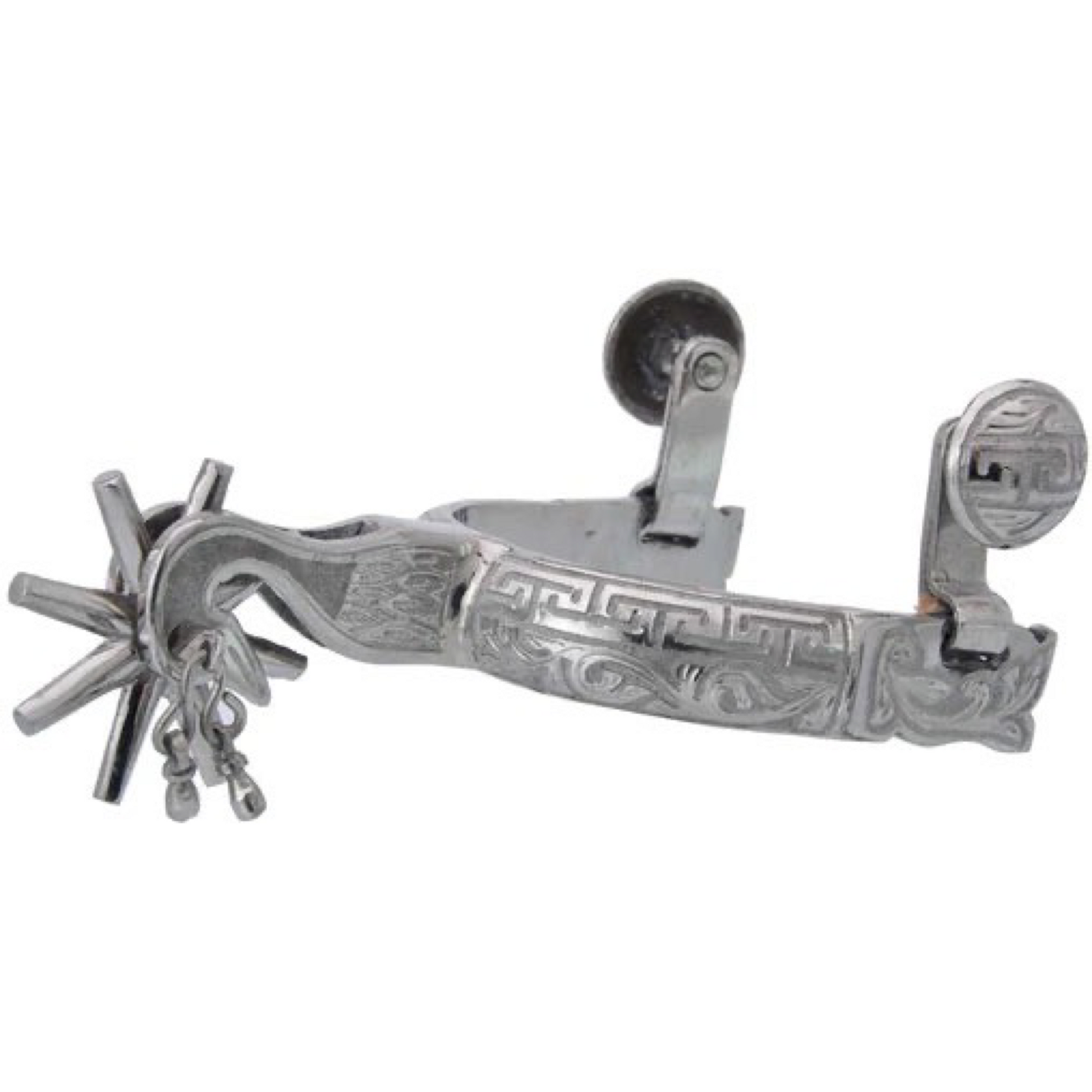 A traditional charro spur with a silver finish, featuring hand-engraved details and a rotating rowel.