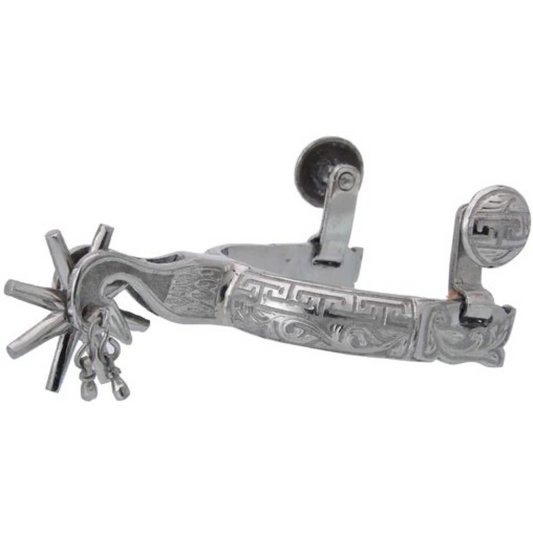 A traditional charro spur with a silver finish, featuring hand-engraved details and a rotating rowel.