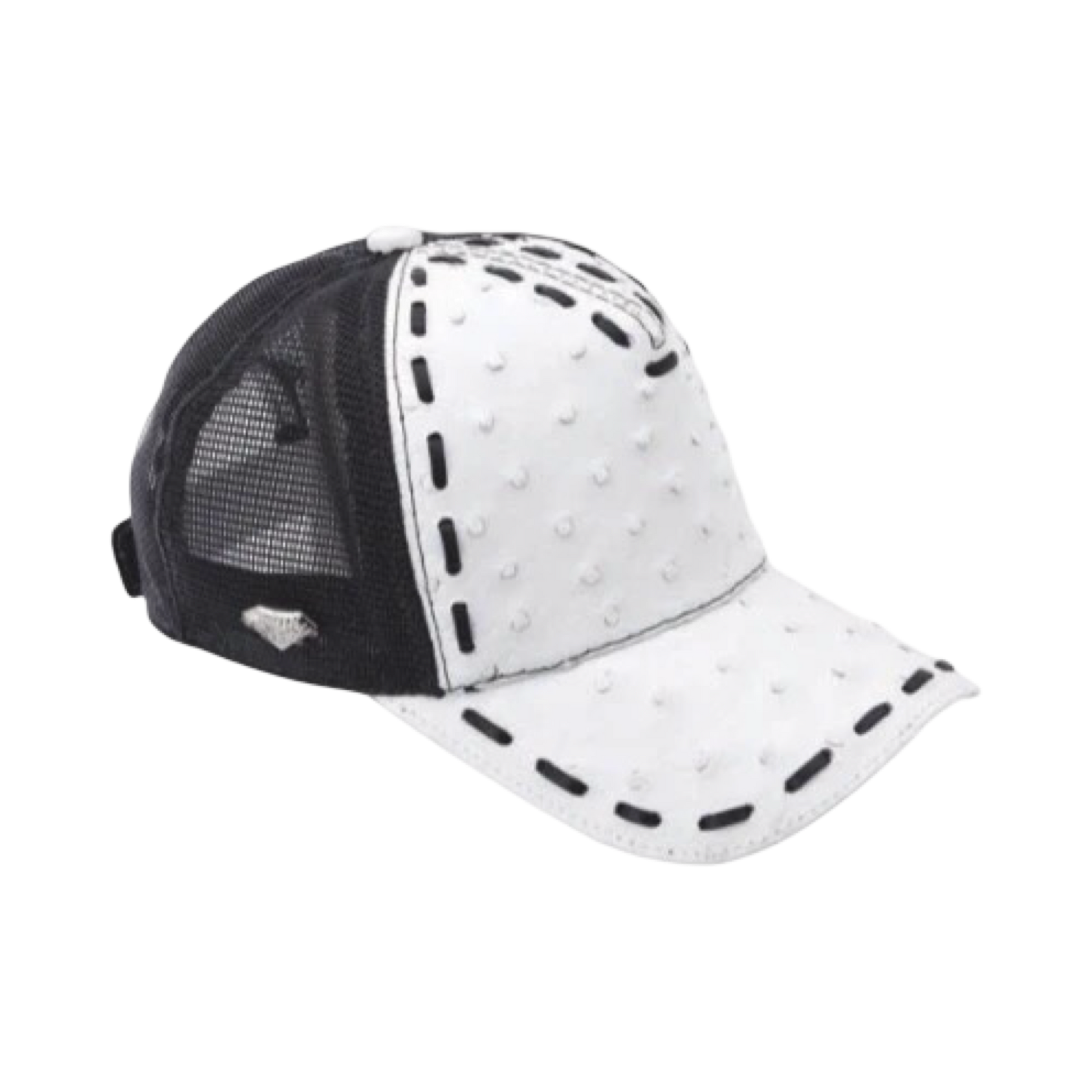 A white trucker cap with black details and a pattern around the brim, featuring a mesh back and a leather strap closure.