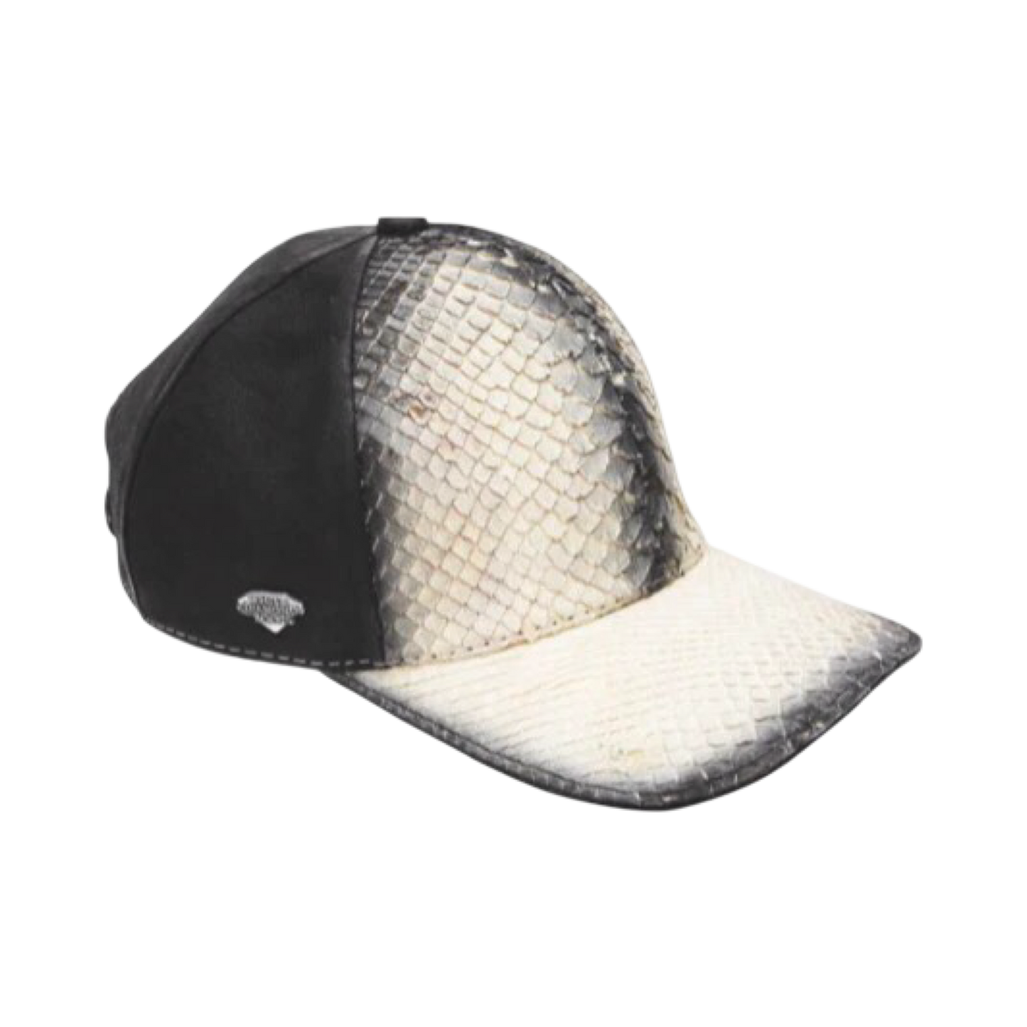 A black and beige western cap with a snake skin pattern.