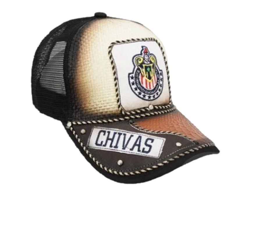 A black trucker cap with a curved visor featuring a embroidered logo and the word 'CHIVAS' on the front panel.