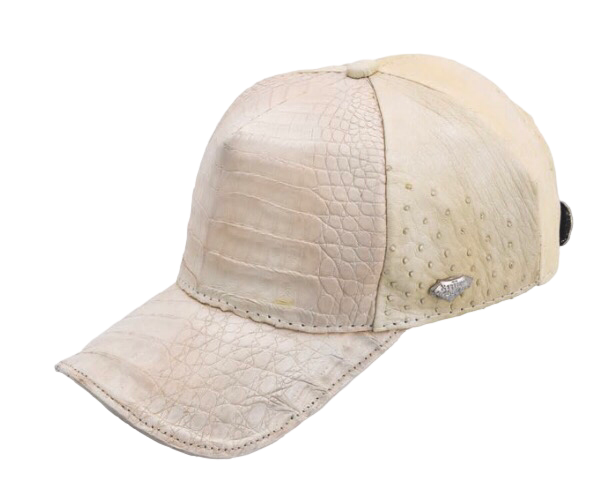 A beige-colored Western-style cap made of crocodile skin with a close-up texture pattern.