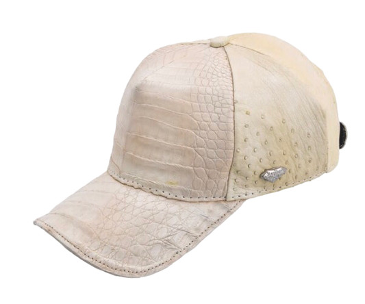 A beige-colored Western-style cap made of crocodile skin with a close-up texture pattern.