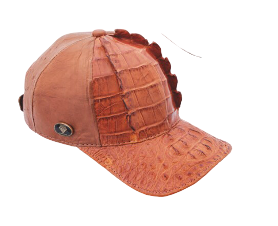 A brown western cap made of crocodile leather with a snap closure at the back.