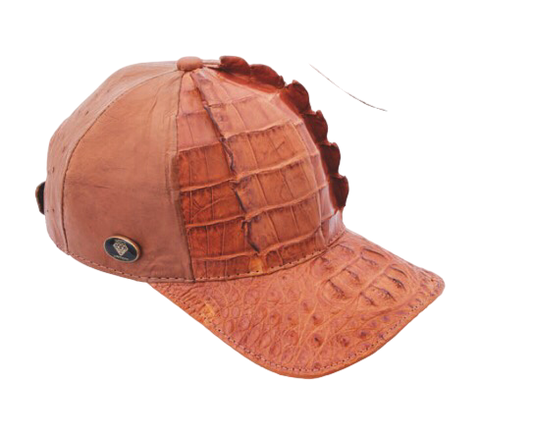 A brown western cap made of crocodile leather with a snap closure at the back.