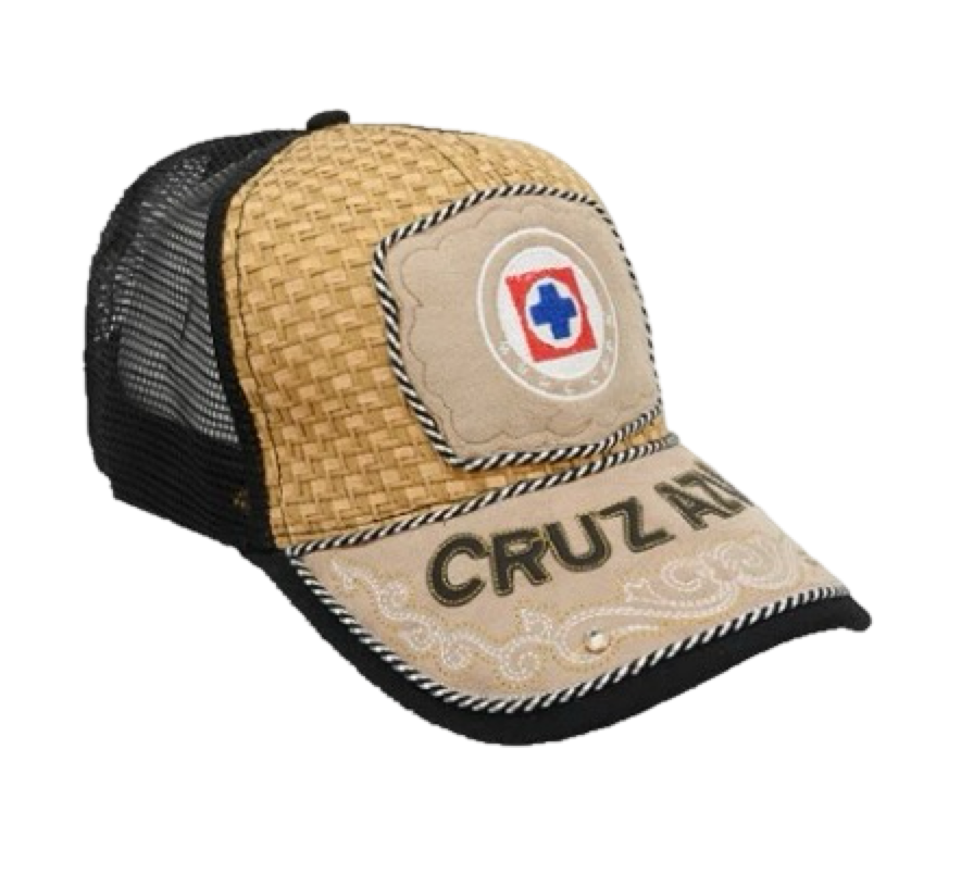 A beige and black trucker cap with embroidery on the front featuring the text 'CRUZ A' and a logo, with a curved visor and breathable mesh back.