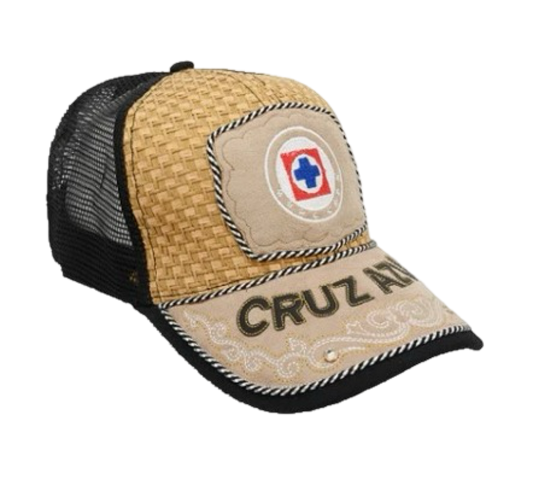 A beige and black trucker cap with embroidery on the front featuring the text 'CRUZ A' and a logo, with a curved visor and breathable mesh back.