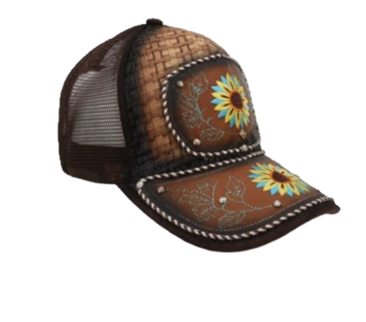 A brown trucker cap with a curved visor featuring floral embroidery and a snapback closure.